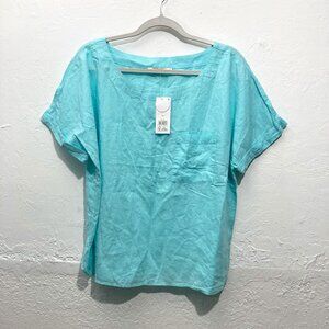 George Women Linen Blend Short Sleeve Boxy Top Blue Minimalist Pocket Beach UK16